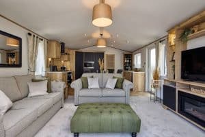 An interior shot of the electric Lakeside Luxe caravan holiday home at Pinewoods