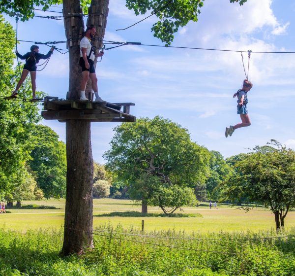 A girl zips on a tree top zip wire at Holkham Ropes Course while dad watches