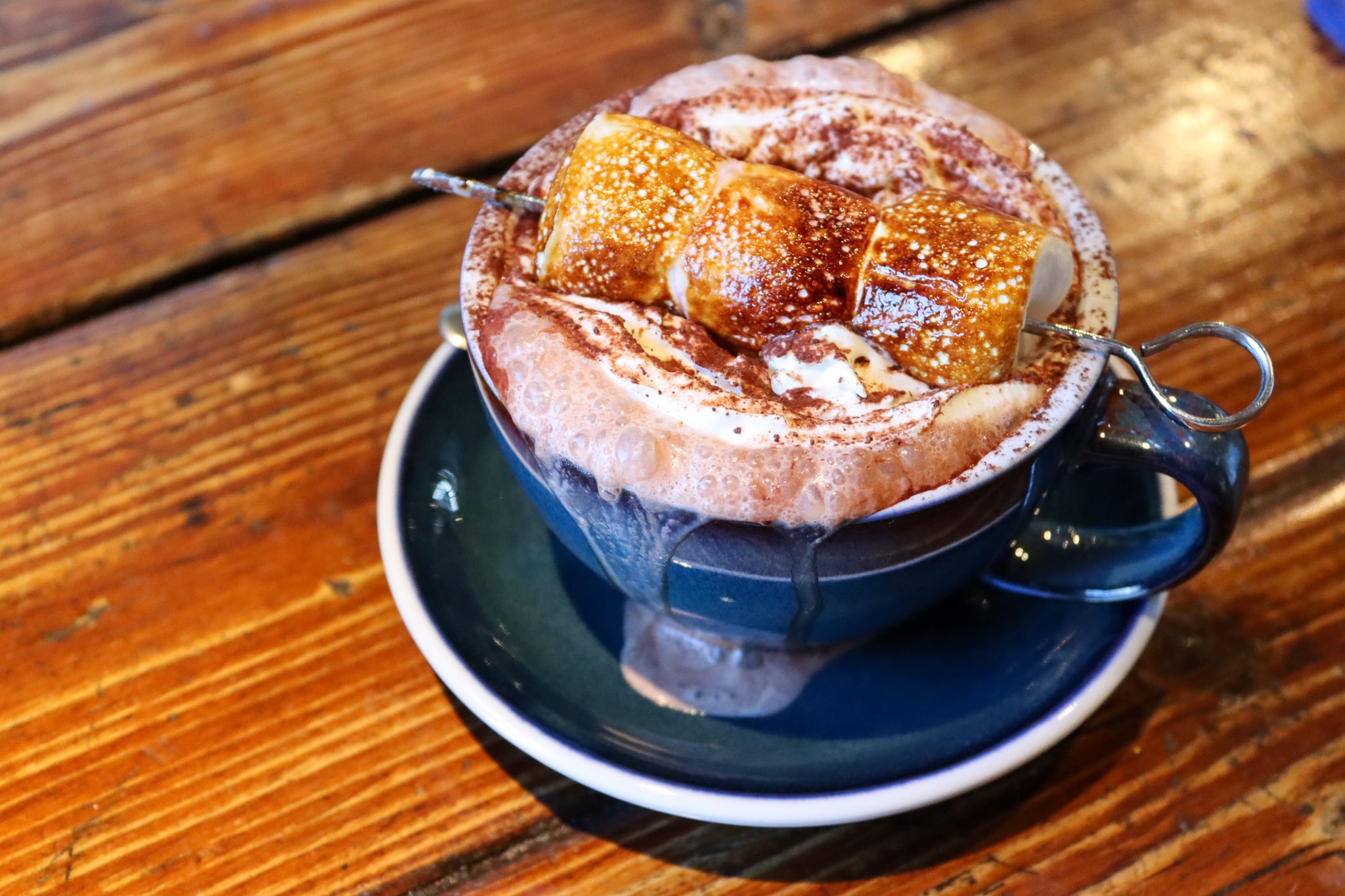 Toasted marshmallows sit on top a thick, frothy hot chocolate