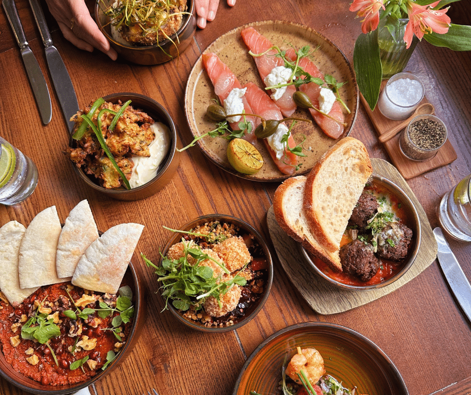 A selection of seasonal winter dishes on a restaurant table